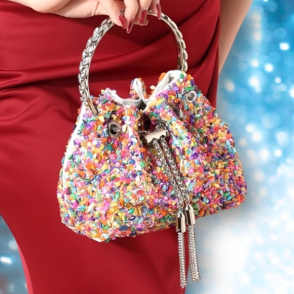 🆕️Sparkling Multicolor Stone & Rhinestone Evening Clutch Colorful Bucket Bag ✨ - Picture 10 of 13